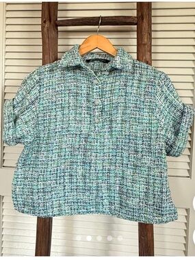Zara Green & Blue Tweed Short-Sleeve Blouse with pearl buttons